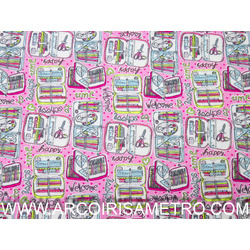 INDIGO FABRIC - SCHOOL ON PINK