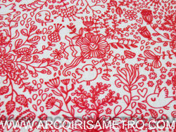 INDIGO FABRIC MAFALDA - Flowers and birds - red