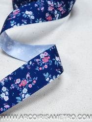 Satin tape - Flowers on dark blue