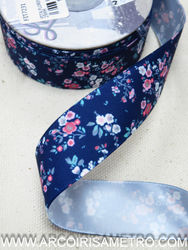 Satin tape - Flowers on dark blue