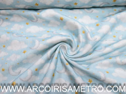 Printed Flanel - Clouds and moons on blue