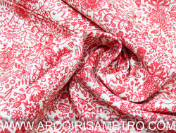 TECIDO INDIGO MAFALDA - Flores e pássaros - vermelho